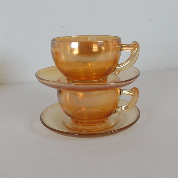 Set of 2 Jeanette Glass Moderne Marigold Iridescent Cup & Saucer Set Punch Cup - Picture 10 of 10